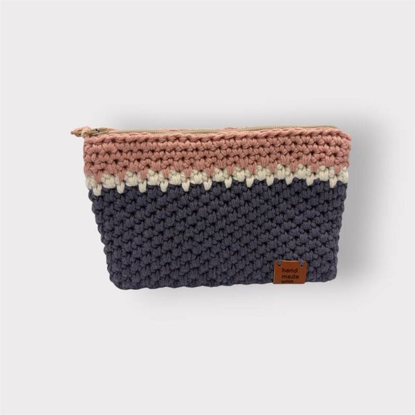 Trousse bleue foncée/écrue/rose - petit modèle