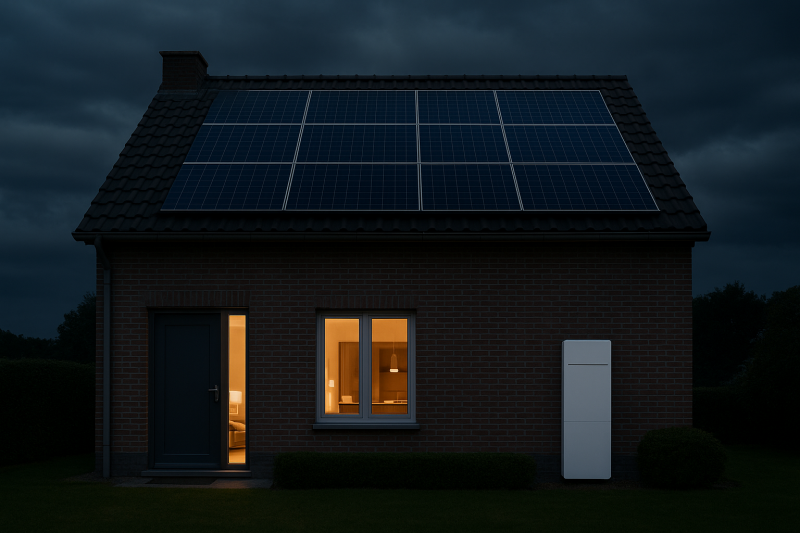 Duurzaam Nederlands huis met zonnepanelen en thuisbatterij die licht blijft geven bij donkere lucht — Zonnelogica helpt stroomuitval voorkomen