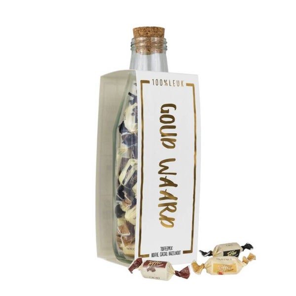100% Leuk Momenten fles met toffees – Goud waard
