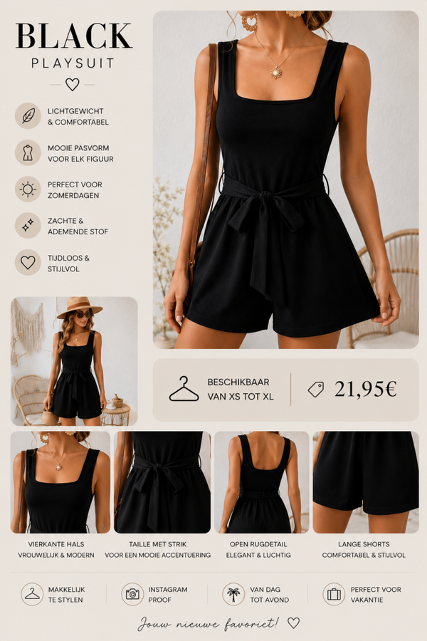 🖤 Black Playsuit – Strikdetail