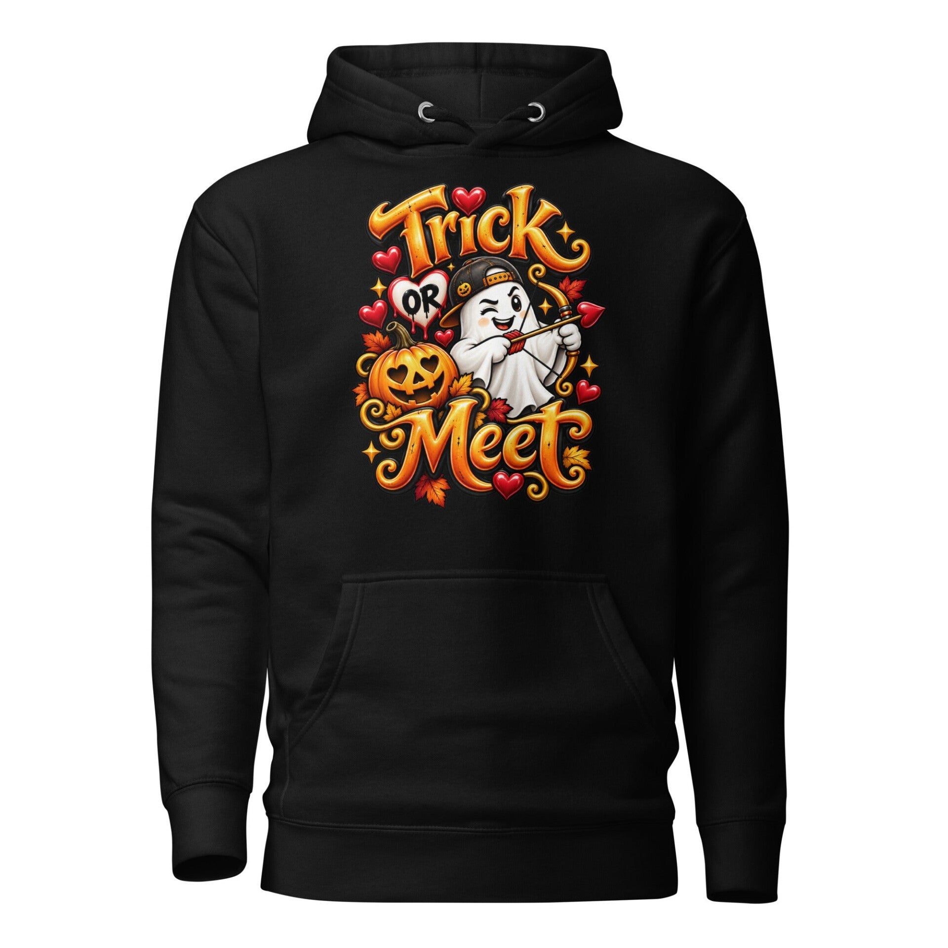 Trick or Meet Unisex Halloween Hoodie – Cute Ghost & Pumpkin Graphic