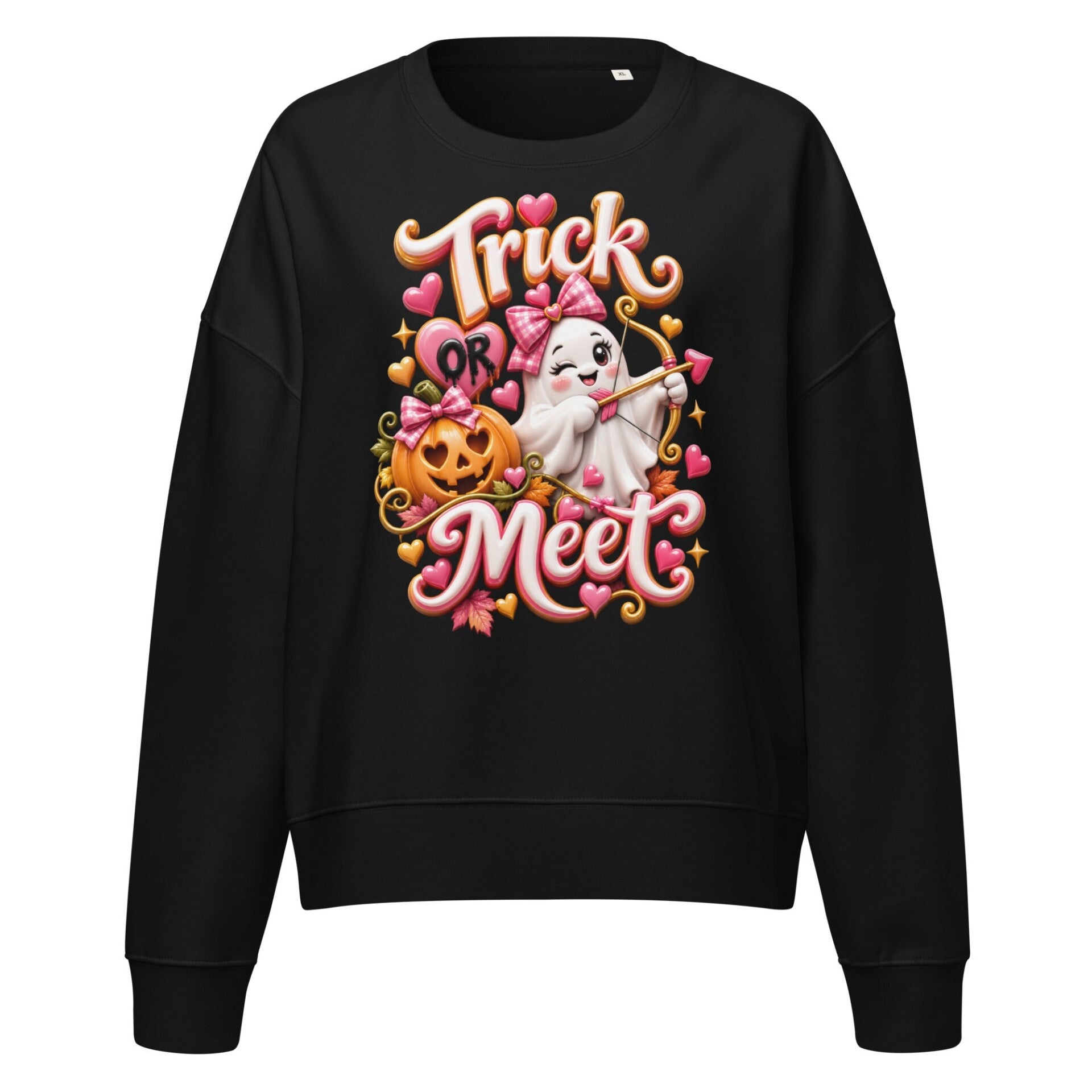 Trick or Meet Women’s Organic Halloween Sweatshirt – Cute Ghost Cupid & Pumpkin