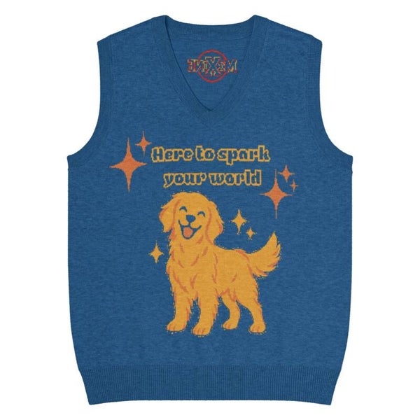 Here to Spark Your World Golden Retriever Knit V-Neck Vest – Unisex Jacquard Sweater Vest