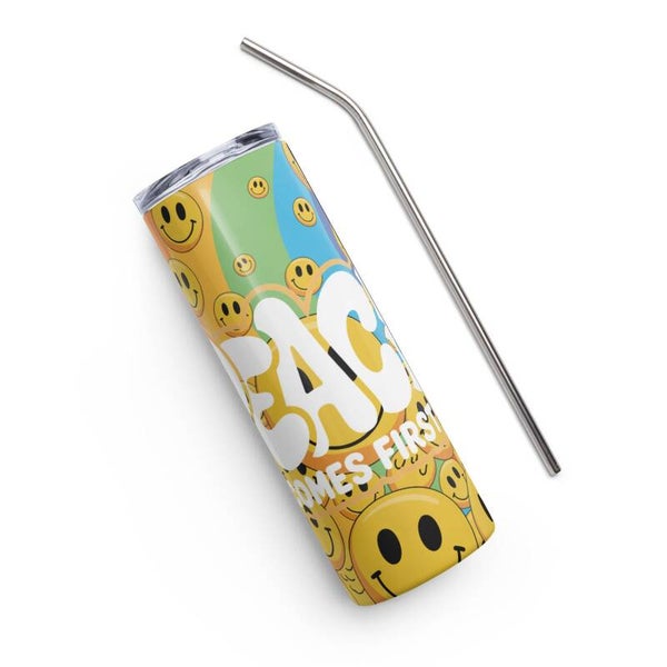 Peace Comes First Smiley Face Tumbler | Retro Groovy Gift | McXinetje