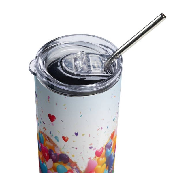 Rainbow Hearts – 20oz Stainless Steel Tumbler with Straw & Lid | Colourful Heart Design