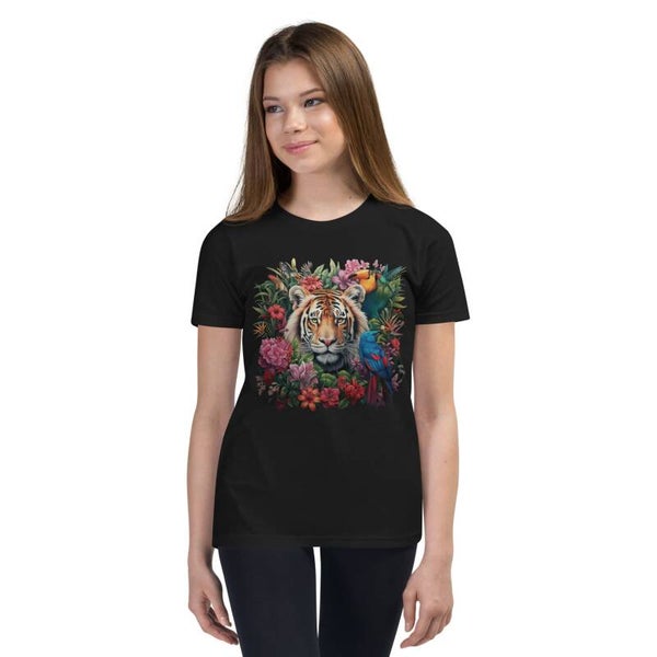 Tropical Tiger Kids Youth T-Shirt – Exotic Jungle Floral Design | Nature Gift for Girls & Boys | McXinetje-McXine