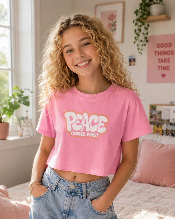 Peace Comes First | Soft Graffiti Graphic Crop Top | Women's Relaxed Fit Statement Tee | Positive Vibes Gift | McXinetje