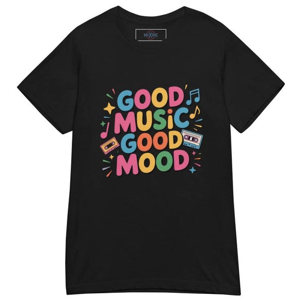 Good Music Good Mood Graphic Tee | Bold Black Women's T-Shirt | Retro Cassette Music Print | Music Lover Gift | Feel-Good Fashion | McXinetje