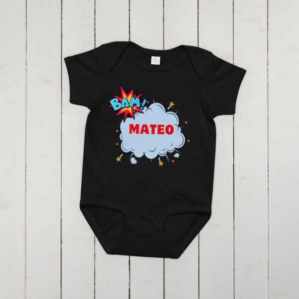 Personalised Name Baby Bodysuit | Custom Black Infant Onesie | Superhero Comic Print | Unique Baby Shower Gift | Soft Cotton Newborn Gift | McXinetje