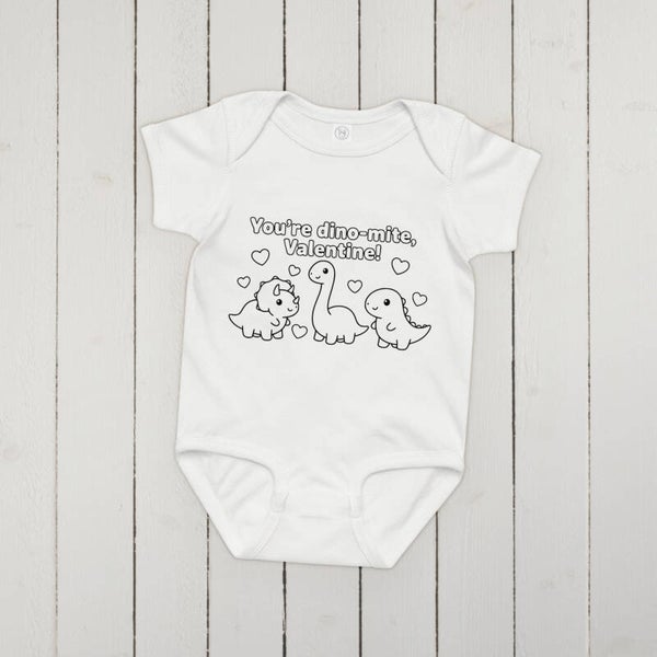 You're Dino-Mite Valentine Baby Bodysuit | Slate Blue Cotton Infant Onesie | Kawaii Dinosaur Heart Print | Sweet Valentine Baby Gift | Unisex Newborn Gift | McXinetje