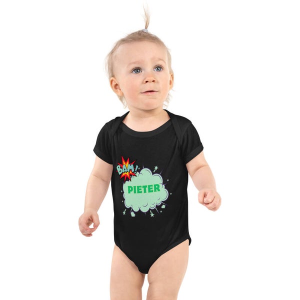 Personalised BAM Name Baby Bodysuit | Custom Black Infant Onesie | Comic Superhero Print | Unique Baby Shower Gift | Soft Cotton Newborn Gift | McXinetje