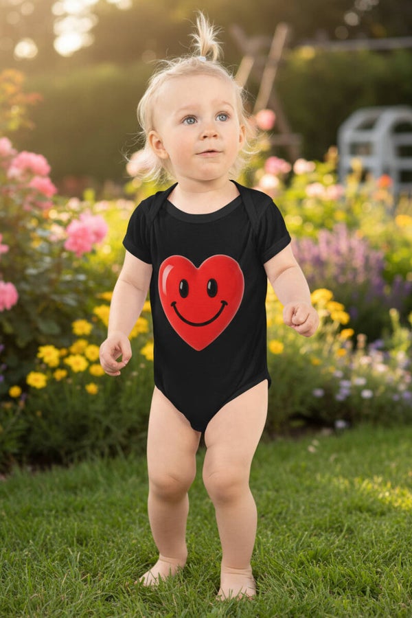Smiley Heart Baby Bodysuit | Cute Black Infant Onesie | Red Love Heart Print | Sweet Baby Shower Gift | Unisex Newborn Gift | McXinetje
