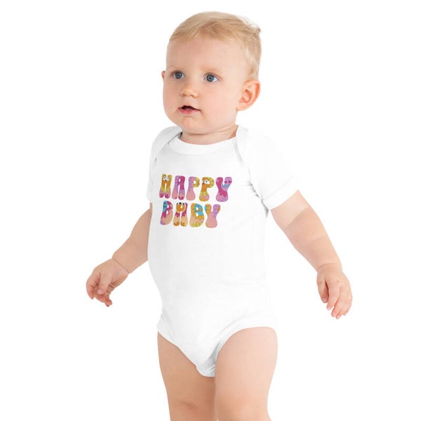 Happy Baby Colourful Retro Baby Bodysuit | Cute White Infant Onesie| Fun Baby Shower Gift | Unisex Newborn Gift | McXinetje
