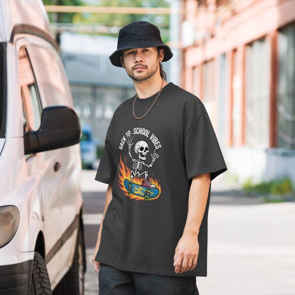 Back to School Vibes Oversized Faded T-Shirt – Flaming Skeleton Skateboarder | Unisex Streetwear | McXinetje-McXine
