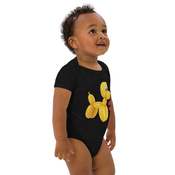 WAF WAF Balloon Dog Organic Baby Bodysuit | Eco-Friendly Black Infant Onesie | Cute Dog Print | Sustainable Baby Shower Gift | Unisex Newborn Gift | McXinetje