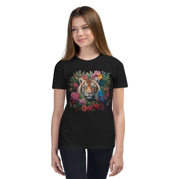 Tropical Tiger Kids Youth T-Shirt – Exotic Jungle Floral Design | Nature Gift for Girls & Boys | McXinetje-McXine