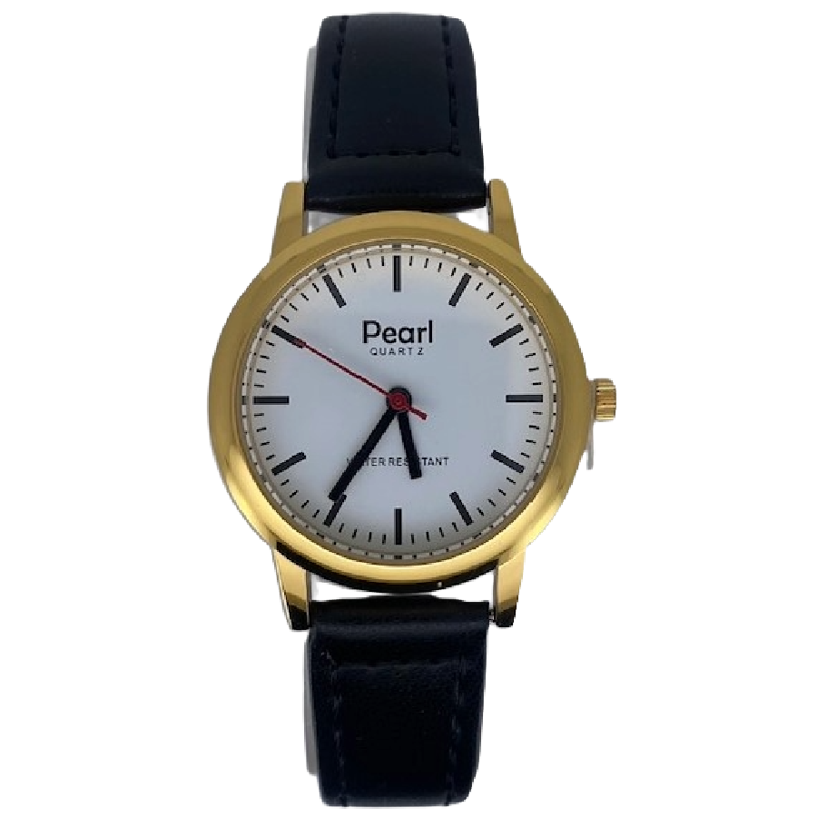Pearl Dameshorloge Goud Zwarte Leren Band - 10/PL004G.01