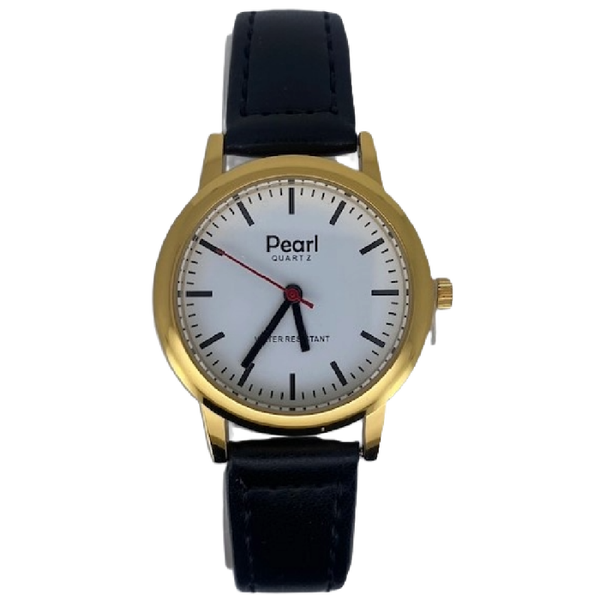 Pearl Dameshorloge Goud Zwarte Leren Band - 10/PL004G.01