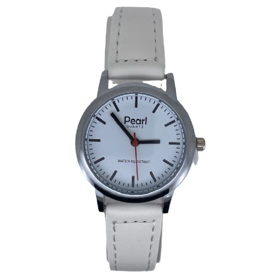Pearl Dameshorloge Zilver Witte Leren Band - 10/PL004S.09