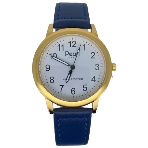 Pearl Herenhorloge Goud Blauwe Leren Band - 10/PL001G.05