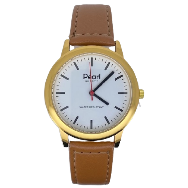 Pearl Herenhorloge Goud Cognac Leren Band - 10/PL003G.03