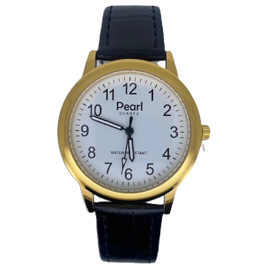 Pearl Herenhorloge Goud Zwarte Leren Band - 10/PL001G.01