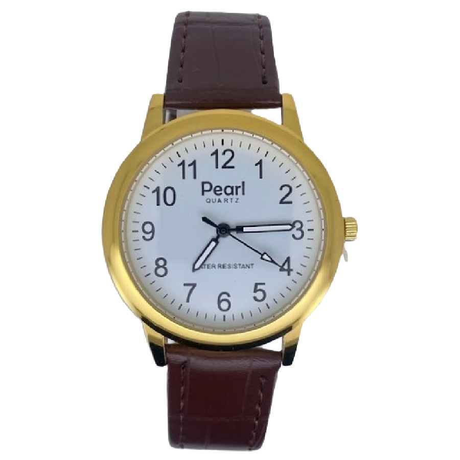 Pearl Herenhorloge Goud Bruine Leren Band - 10/PL001G.02