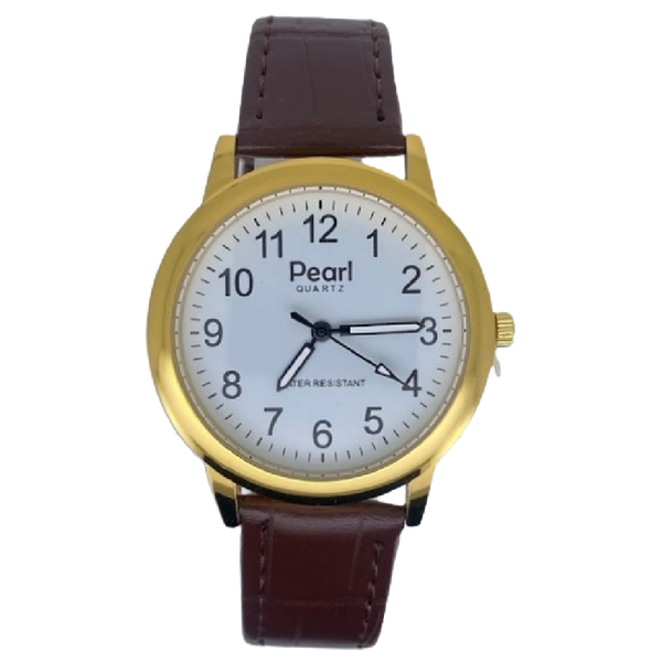 Pearl Herenhorloge Goud Bruine Leren Band - 10/PL001G.02