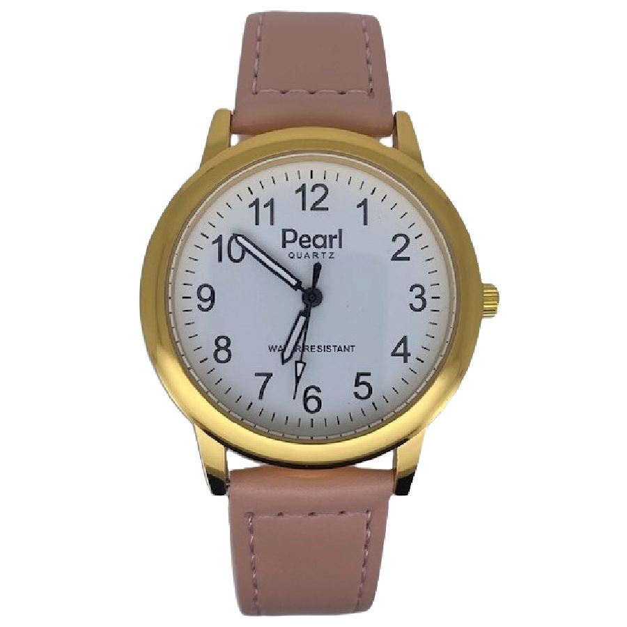 Pearl Herenhorloge Goud Witte Roze Leren Band - 10/PL001G.13