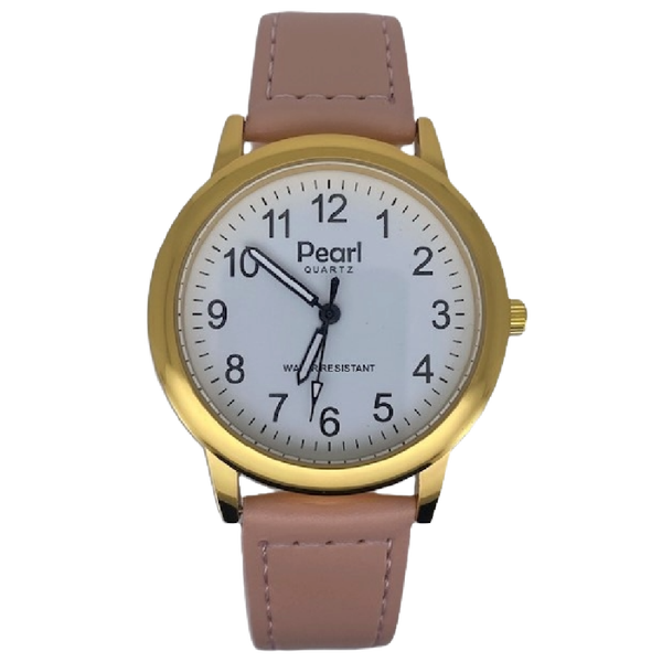 Pearl Herenhorloge Goud Witte Roze Leren Band - 10/PL001G.13