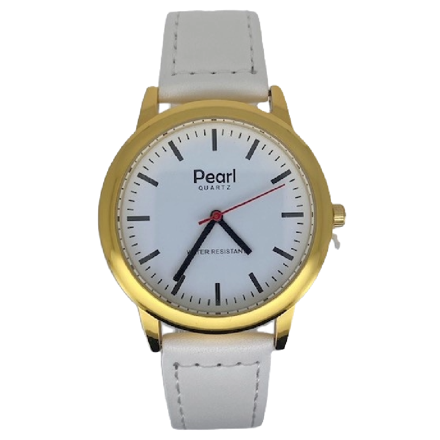 Pearl Herenhorloge Goud Witte Leren Band - 10/PL001G.09
