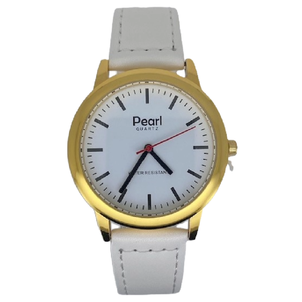 Pearl Herenhorloge Goud Witte Leren Band - 10/PL001G.09