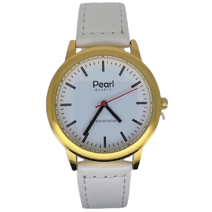 Pearl Herenhorloge Goud Witte Leren Band - 10/PL003G.09