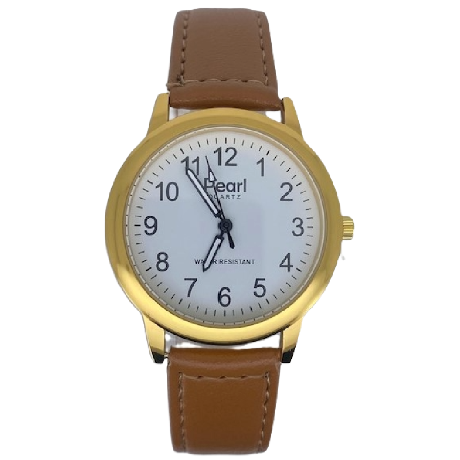Pearl Herenhorloge Goud Cognac Leren Band - 10/PL001G.03