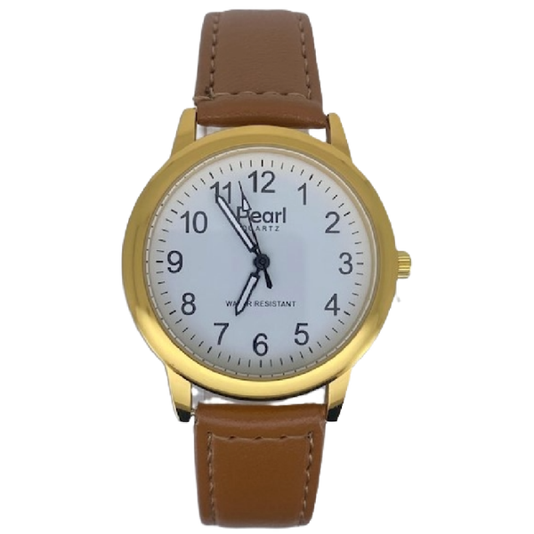 Pearl Herenhorloge Goud Cognac Leren Band - 10/PL001G.03