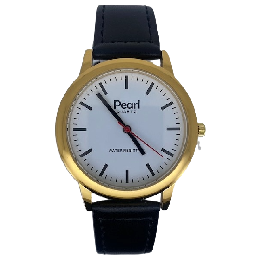 Pearl Herenhorloge Goud Zwarte Leren Band - 10/PL003G.01