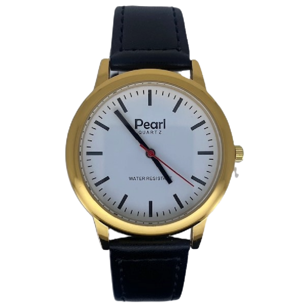 Pearl Herenhorloge Goud Zwarte Leren Band - 10/PL003G.01