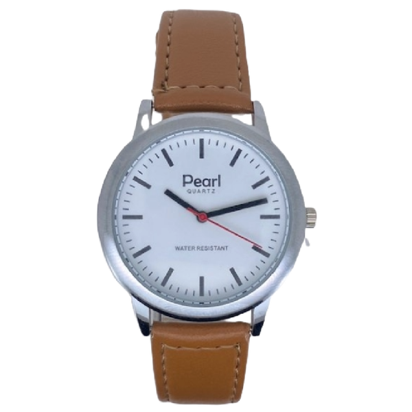 Pearl Herenhorloge Zilver Cognac Leren Band - 10/PL003S.03