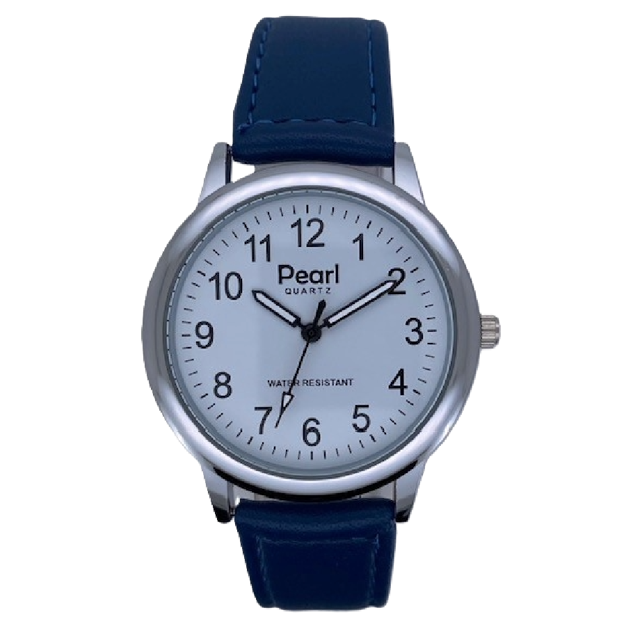PEARL Herenhorloge Zilver Metaal Blauwe Leren Band - 10/PHL004
