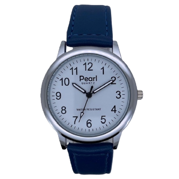 PEARL Herenhorloge Zilver Metaal Blauwe Leren Band - 10/PHL004