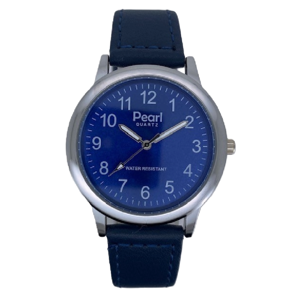 PEARL Herenhorloge Zilver Metaal Blauwe Leren Band - 10/PHS029