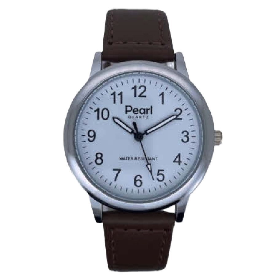PEARL Herenhorloge Zilver Metaal Bruine Leren Band - 10/PHS027