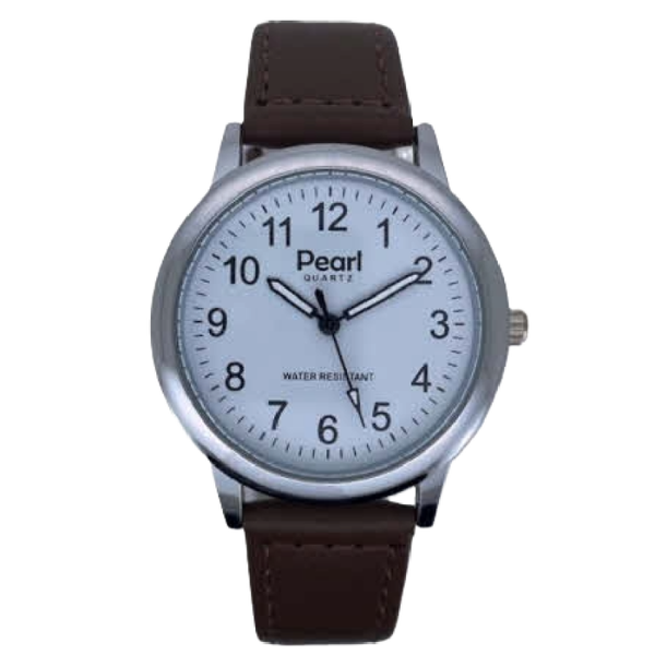 PEARL Herenhorloge Zilver Metaal Bruine Leren Band - 10/PHS027