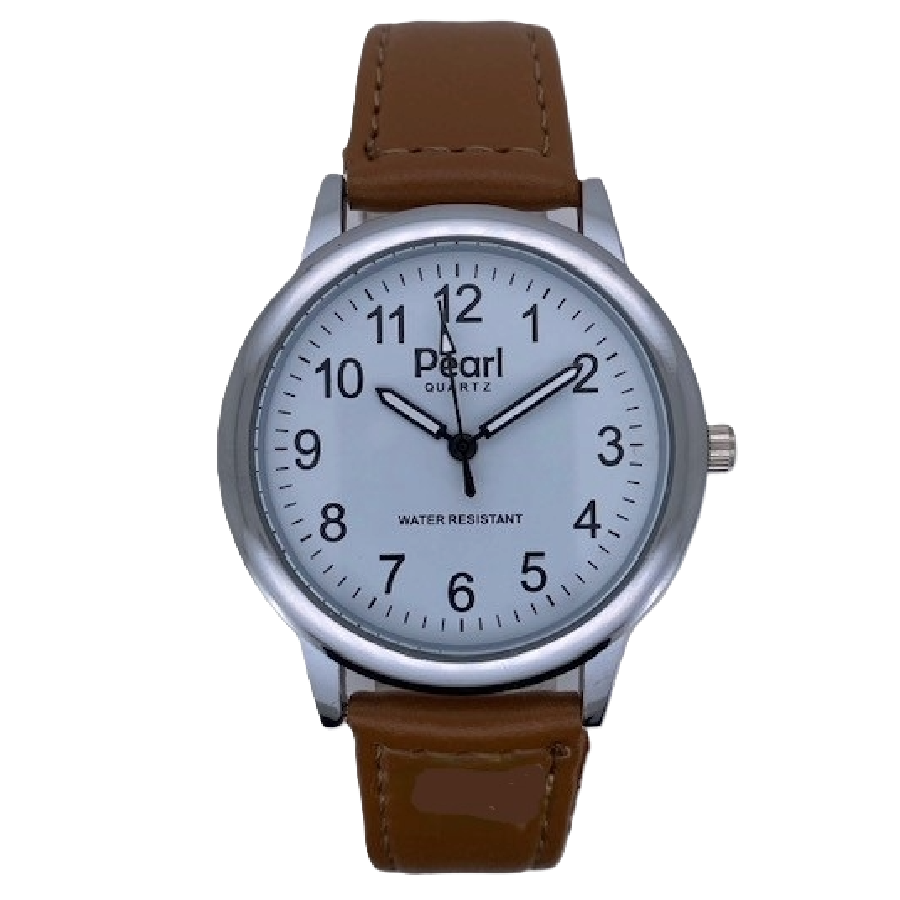 PEARL Herenhorloge Zilver Metaal Cognac Leren Band - 10/PHL003