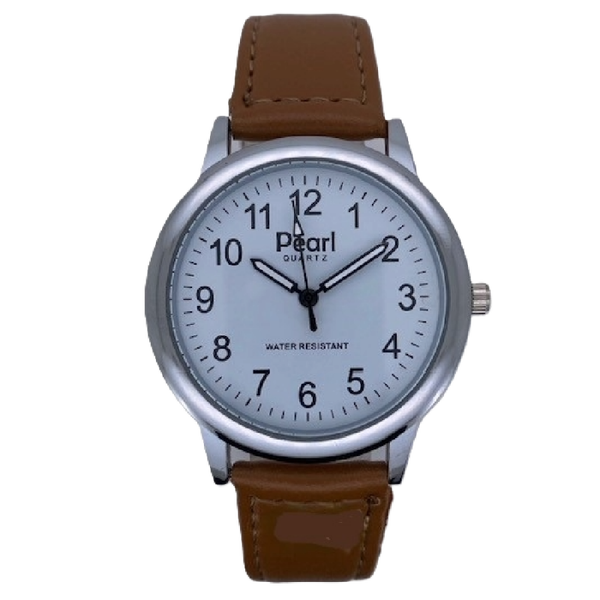 PEARL Herenhorloge Zilver Metaal Cognac Leren Band - 10/PHL003