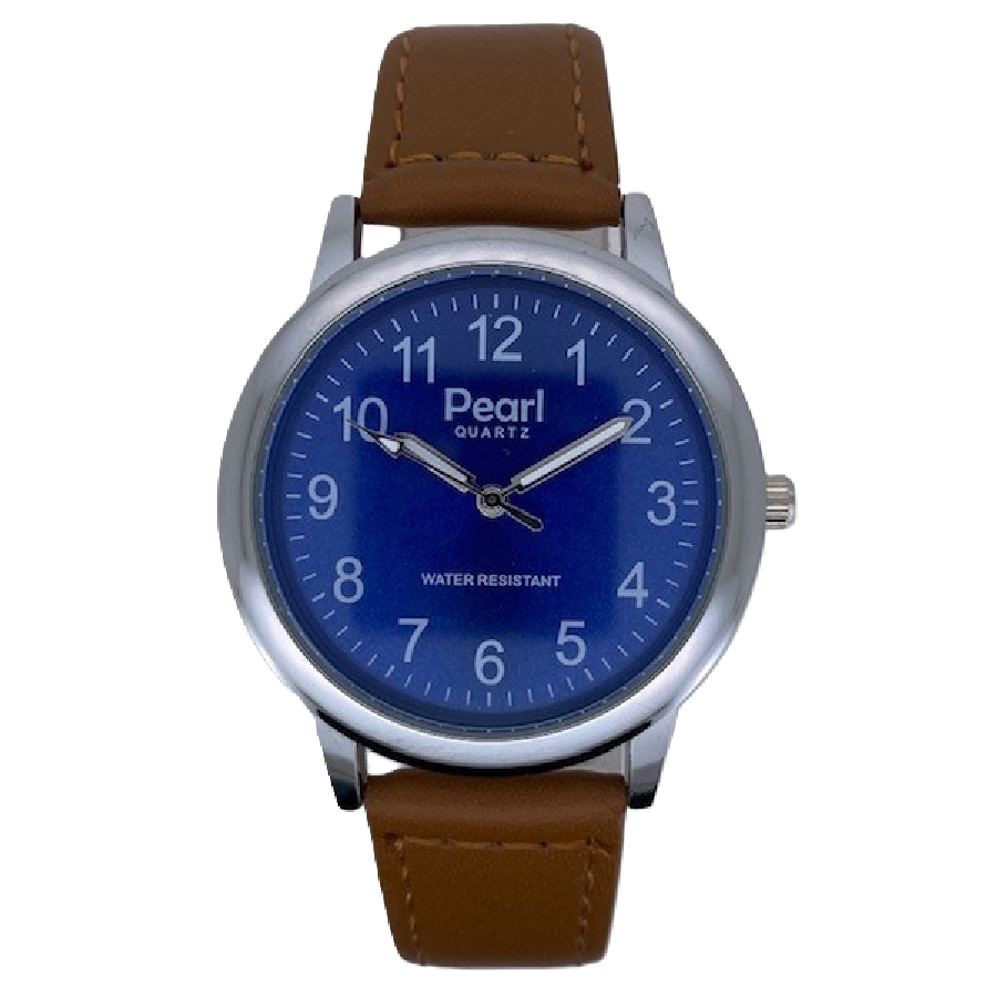 PEARL Herenhorloge Zilver Metaal Cognac Leren Band - 10/PHS030