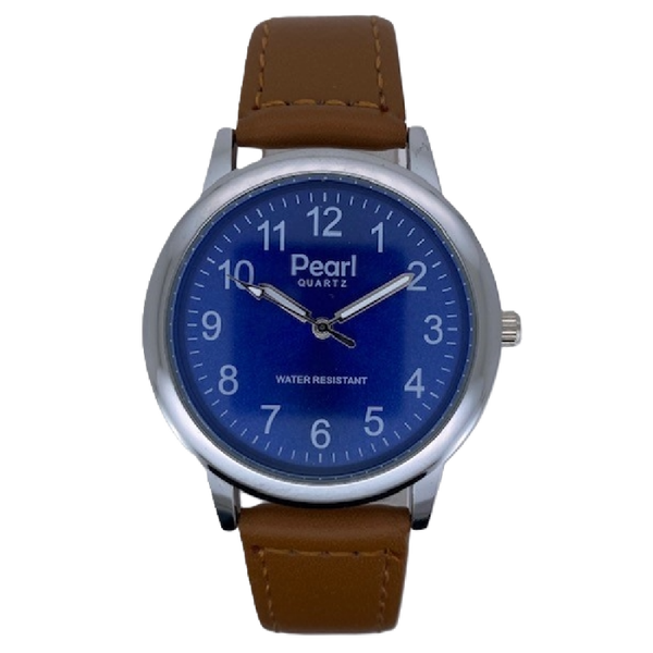 PEARL Herenhorloge Zilver Metaal Cognac Leren Band - 10/PHS030