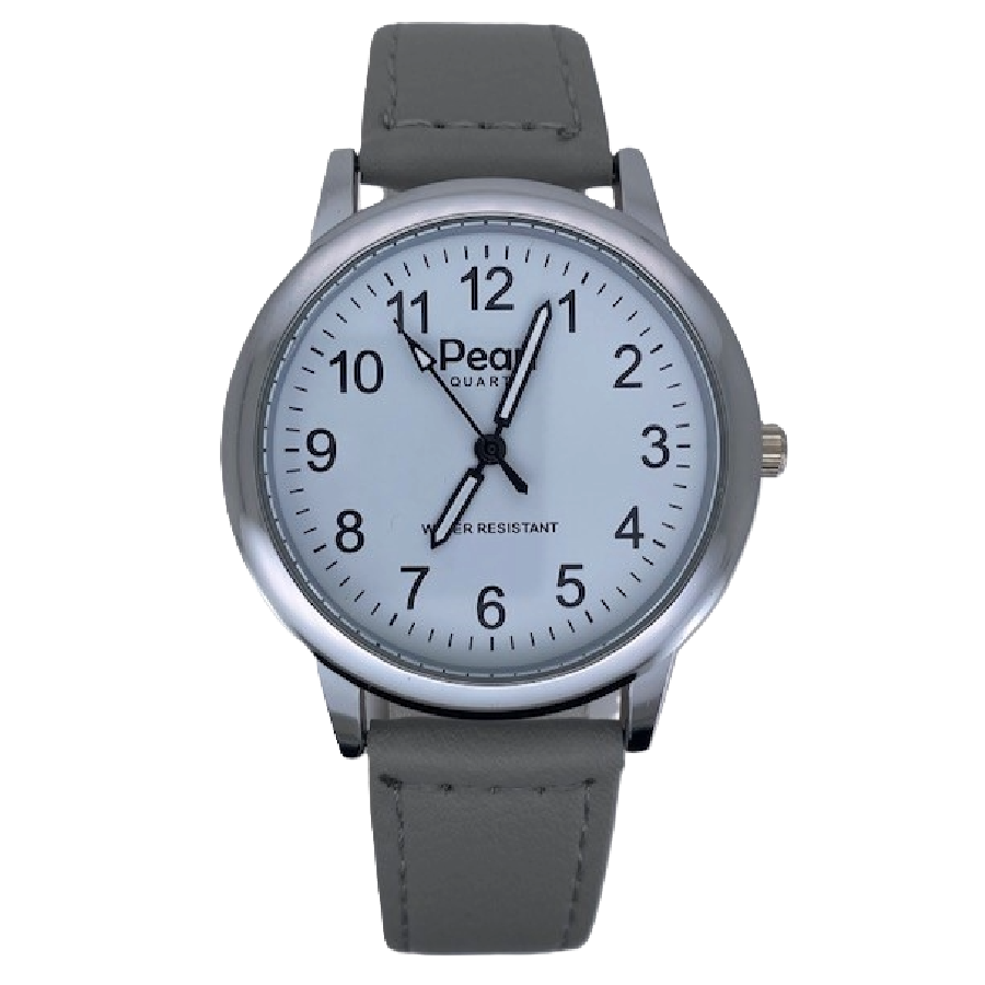 PEARL Herenhorloge Zilver Metaal Grijze Leren Band - 10/PHS007