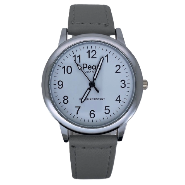 PEARL Herenhorloge Zilver Metaal Grijze Leren Band - 10/PHS007
