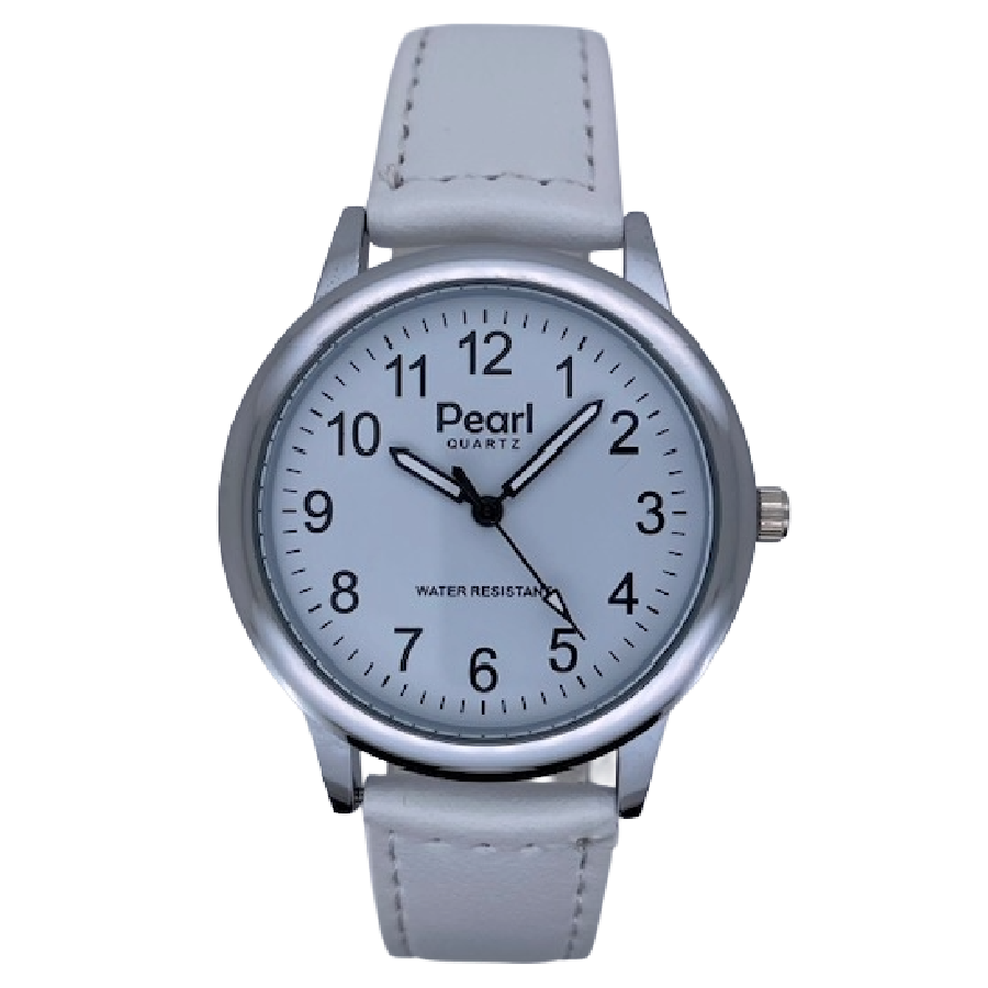 PEARL Herenhorloge Zilver Metaal Witte Leren Band - 10/PHL006